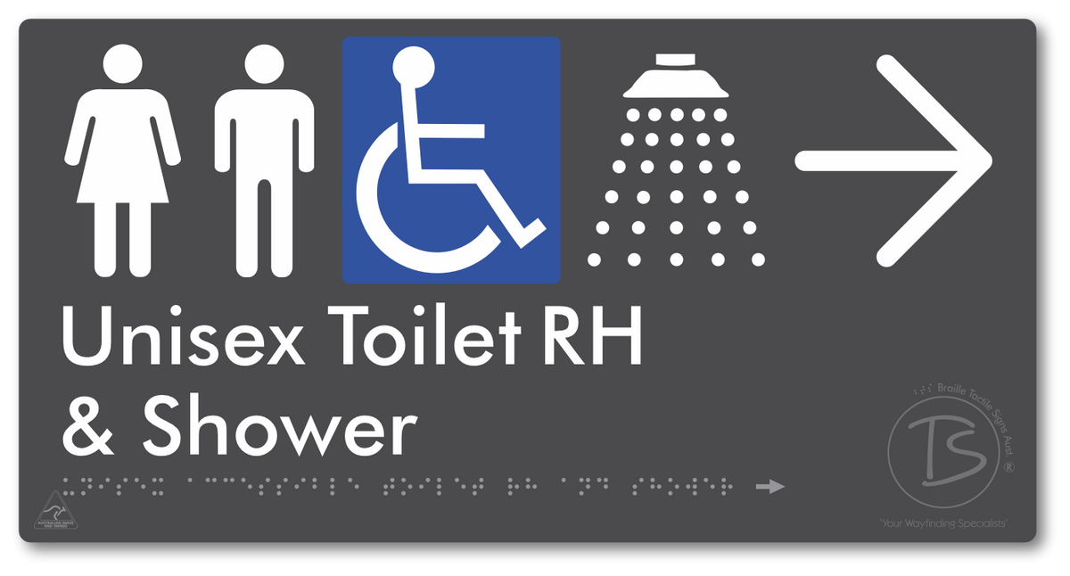 Unisex Accessible Toilet RH & Shower with Large Directional Arrow - Braille Tactile Signs Aust.