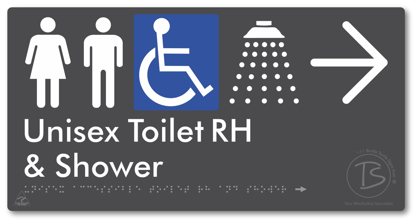 Unisex Accessible Toilet RH & Shower with Large Directional Arrow - Braille Tactile Signs Aust.