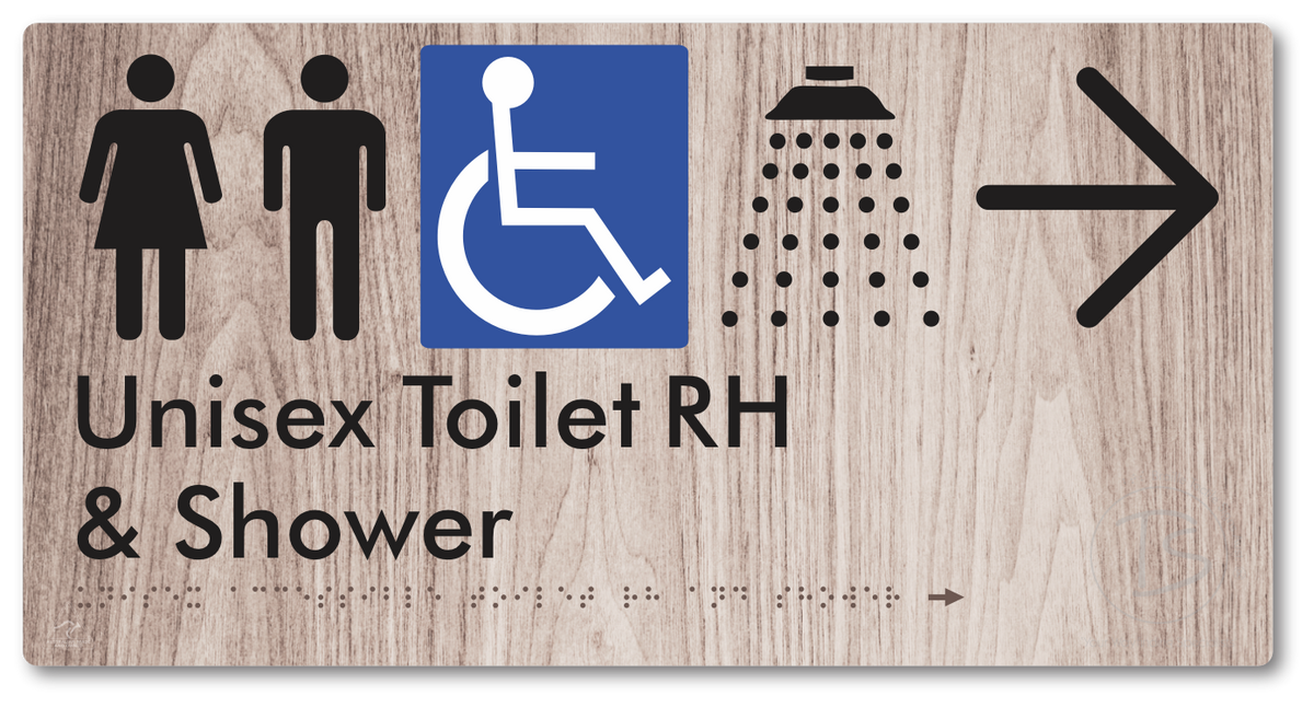 Unisex Accessible Toilet RH & Shower with Large Directional Arrow - Braille Tactile Signs Aust.