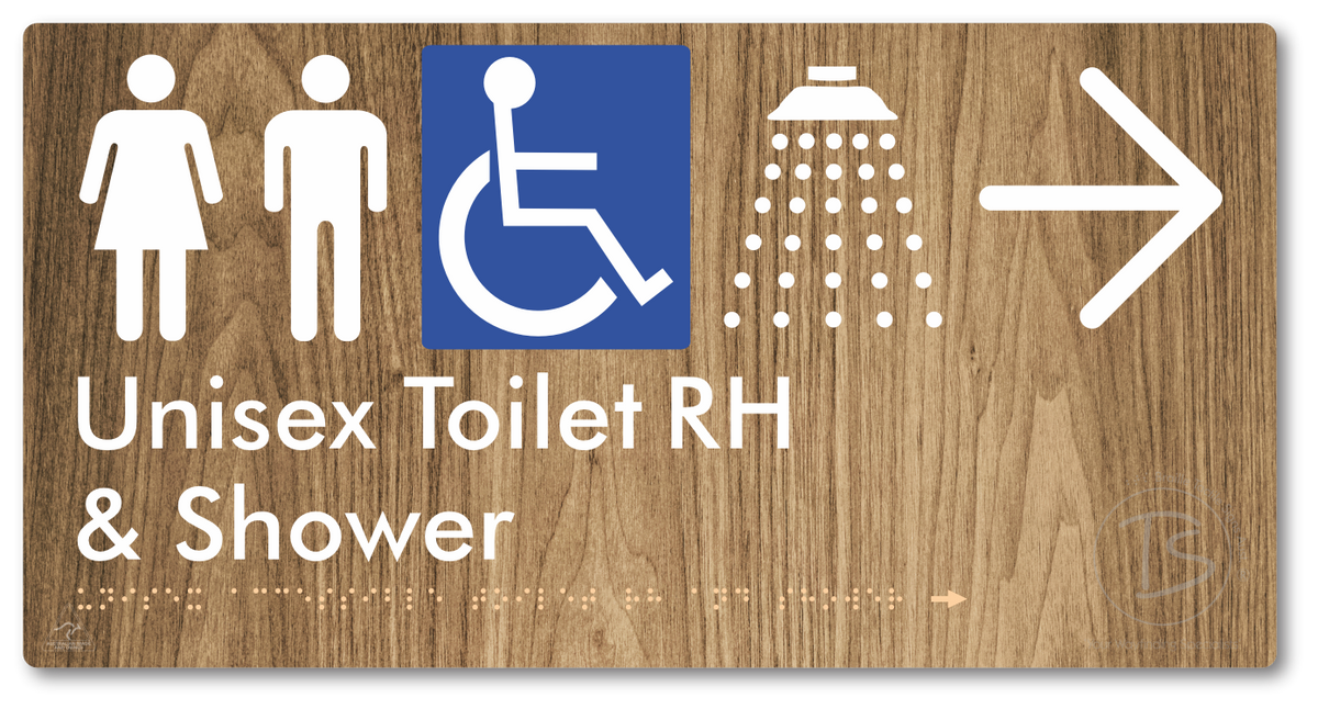 Unisex Accessible Toilet RH & Shower with Large Directional Arrow - Braille Tactile Signs Aust.