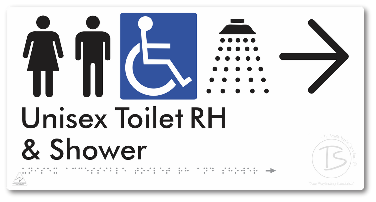 Unisex Accessible Toilet RH & Shower with Large Directional Arrow - Braille Tactile Signs Aust.
