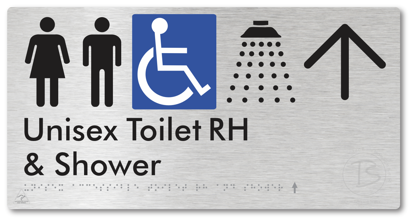 Unisex Accessible Toilet RH & Shower with Large Directional Arrow - Braille Tactile Signs Aust.