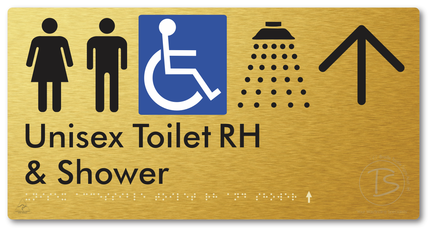 Unisex Accessible Toilet RH & Shower with Large Directional Arrow - Braille Tactile Signs Aust.