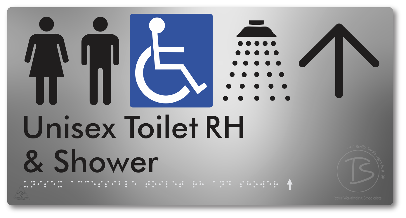 Unisex Accessible Toilet RH & Shower with Large Directional Arrow - Braille Tactile Signs Aust.