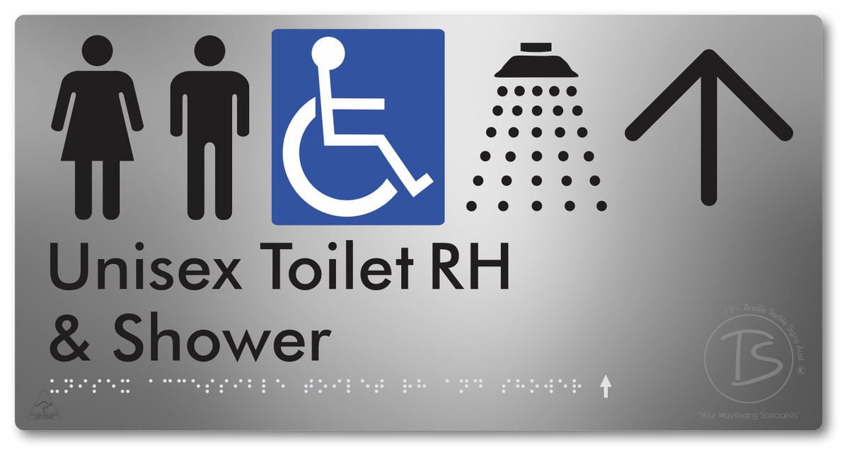 Unisex Accessible Toilet RH & Shower with Large Directional Arrow - Braille Tactile Signs Aust.