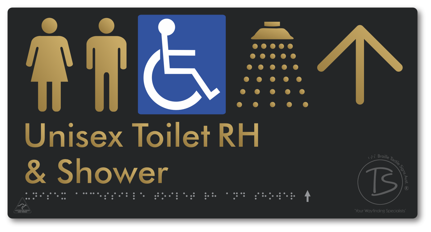 Unisex Accessible Toilet RH & Shower with Large Directional Arrow - Braille Tactile Signs Aust.
