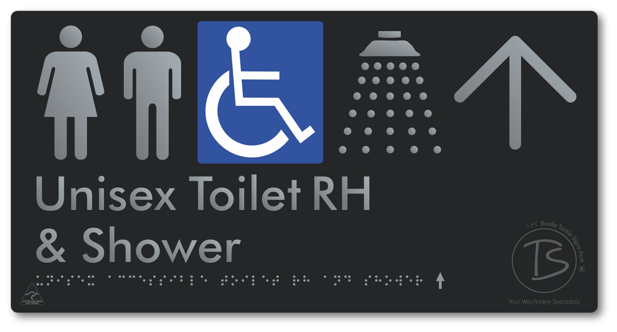 Unisex Accessible Toilet RH & Shower with Large Directional Arrow - Braille Tactile Signs Aust.