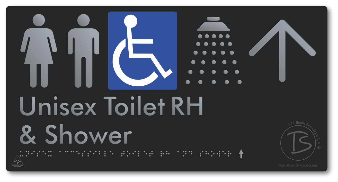 Unisex Accessible Toilet RH & Shower with Large Directional Arrow - Braille Tactile Signs Aust.
