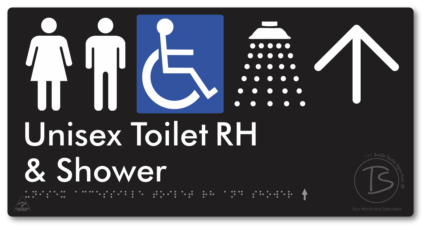 Unisex Accessible Toilet RH & Shower with Large Directional Arrow - Braille Tactile Signs Aust.