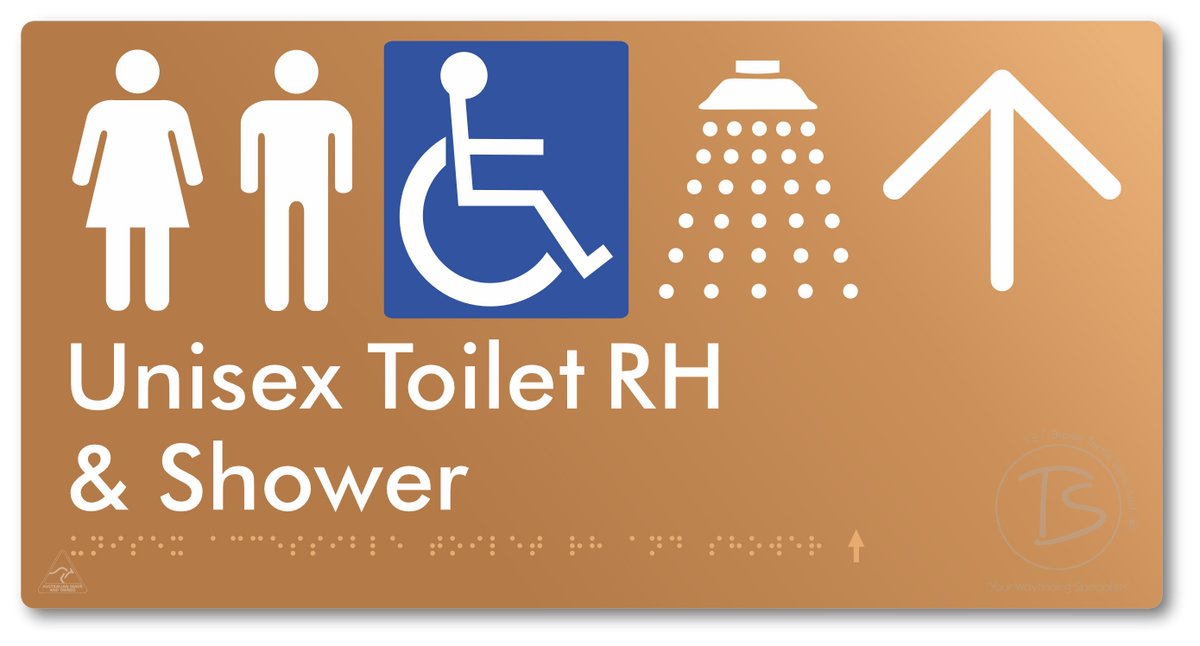 Unisex Accessible Toilet RH & Shower with Large Directional Arrow - Braille Tactile Signs Aust.