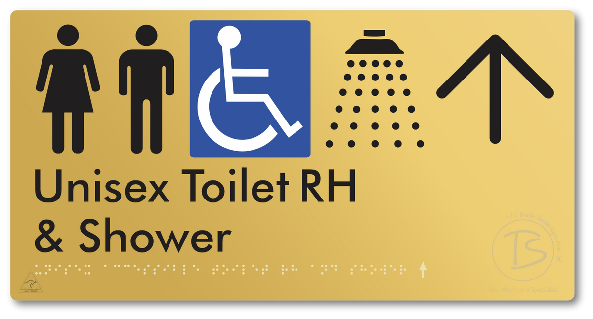 Unisex Accessible Toilet RH & Shower with Large Directional Arrow - Braille Tactile Signs Aust.