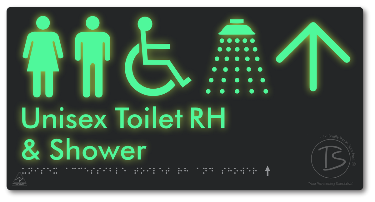 Unisex Accessible Toilet RH & Shower with Large Directional Arrow - Braille Tactile Signs Aust.