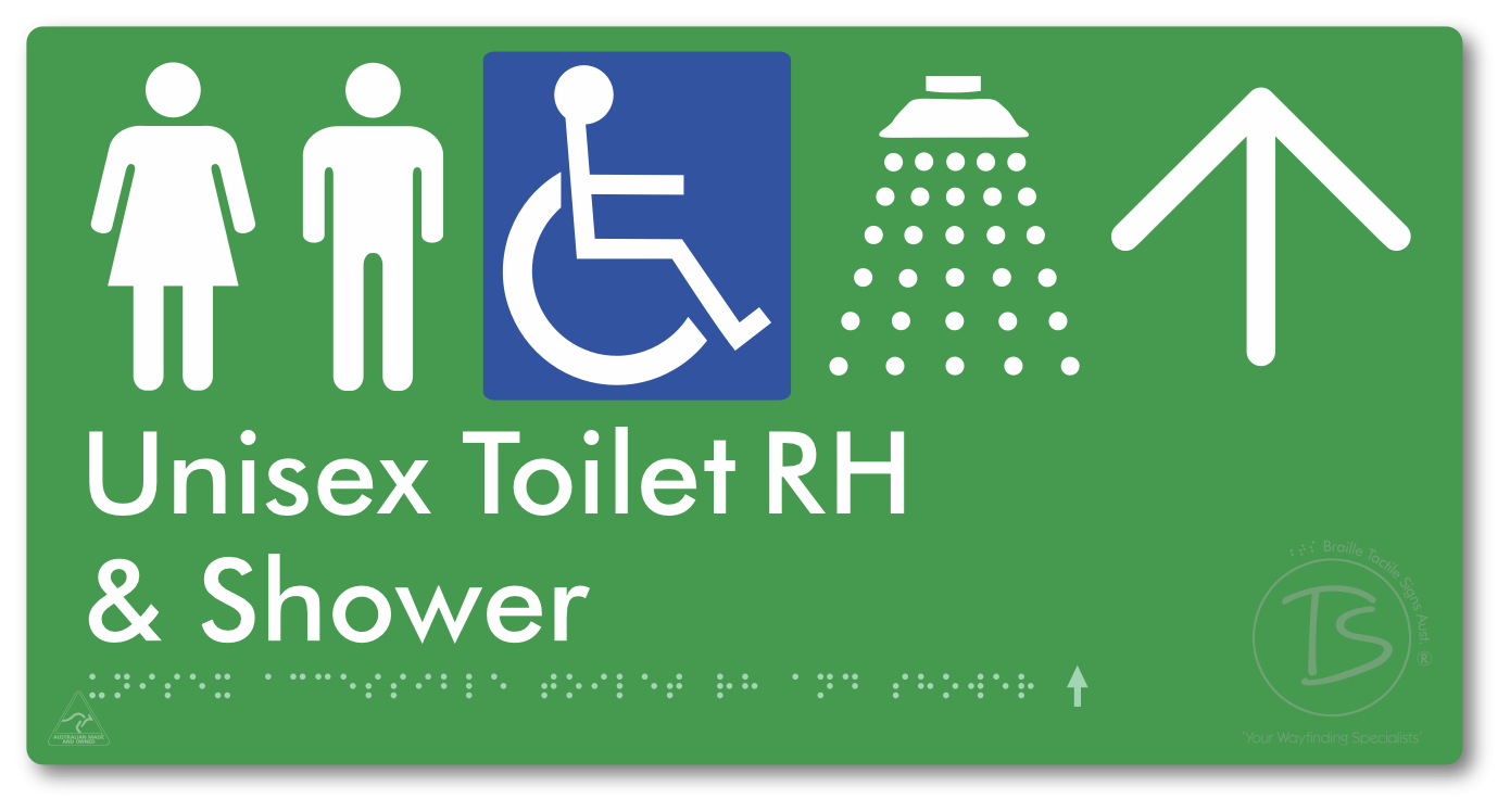 Unisex Accessible Toilet RH & Shower with Large Directional Arrow - Braille Tactile Signs Aust.