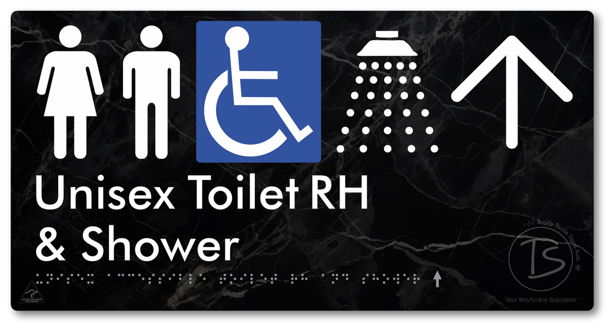 Unisex Accessible Toilet RH & Shower with Large Directional Arrow - Braille Tactile Signs Aust.