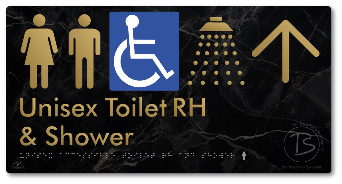 Unisex Accessible Toilet RH & Shower with Large Directional Arrow - Braille Tactile Signs Aust.