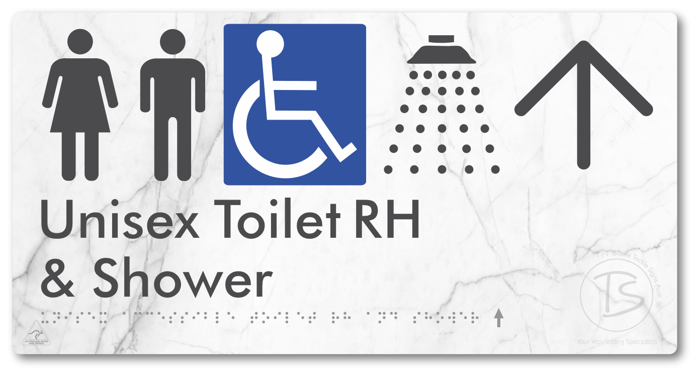 Unisex Accessible Toilet RH & Shower with Large Directional Arrow - Braille Tactile Signs Aust.