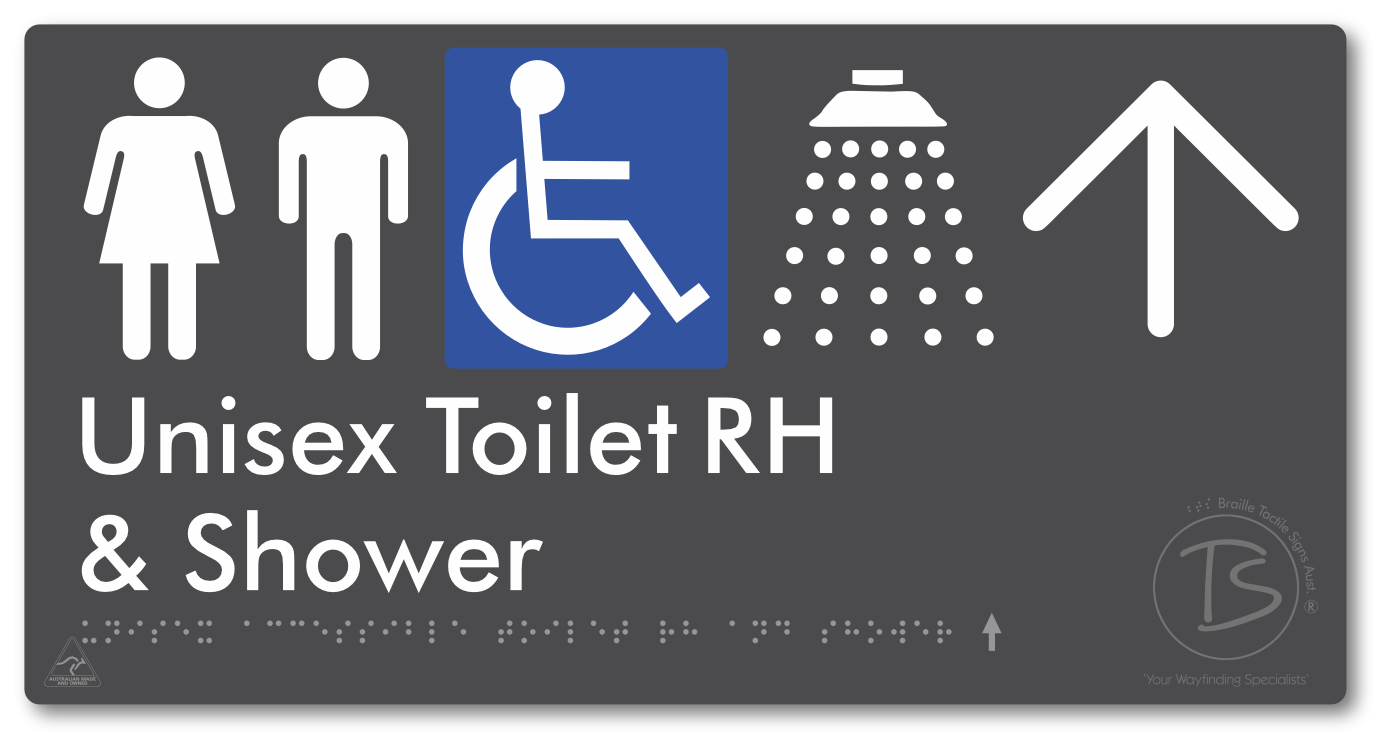 Unisex Accessible Toilet RH & Shower with Large Directional Arrow - Braille Tactile Signs Aust.