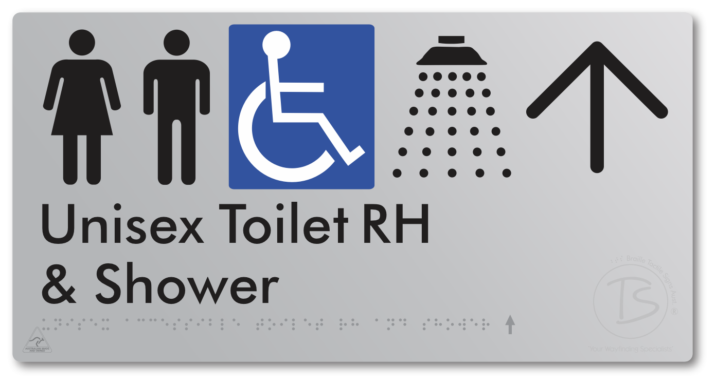 Unisex Accessible Toilet RH & Shower with Large Directional Arrow - Braille Tactile Signs Aust.