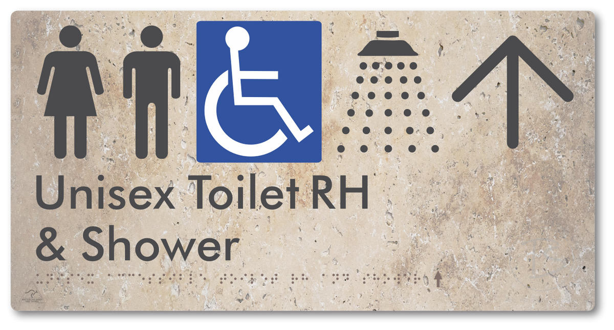 Unisex Accessible Toilet RH & Shower with Large Directional Arrow - Braille Tactile Signs Aust.