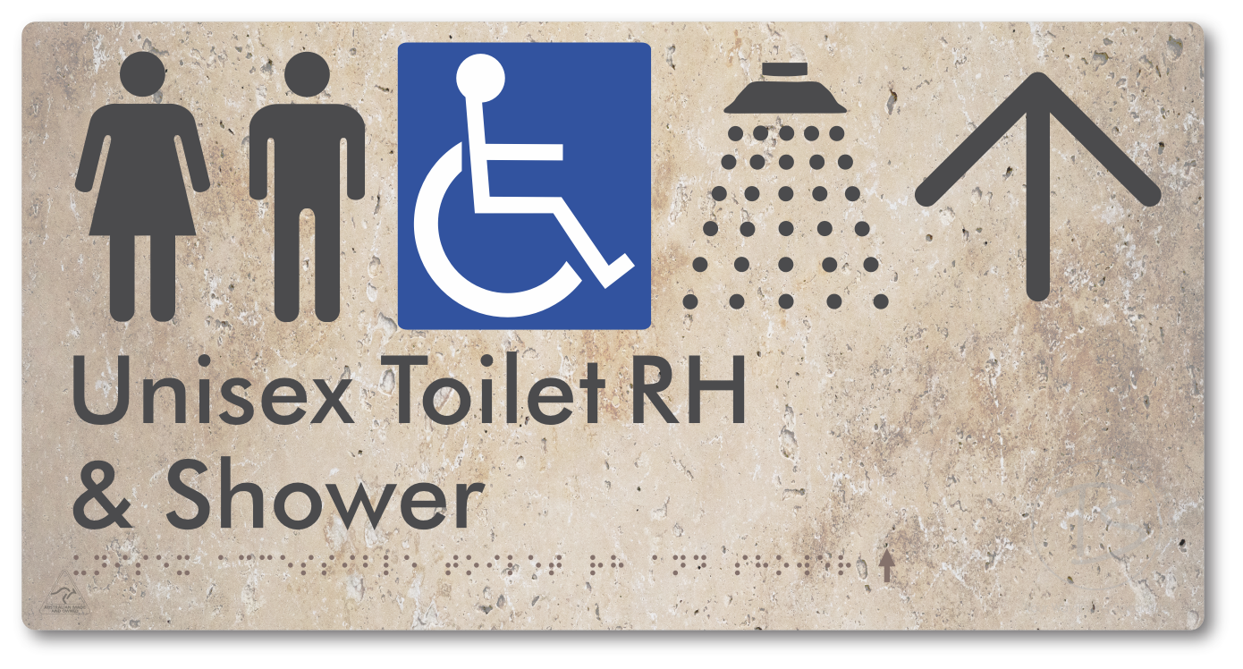 Unisex Accessible Toilet RH & Shower with Large Directional Arrow - Braille Tactile Signs Aust.