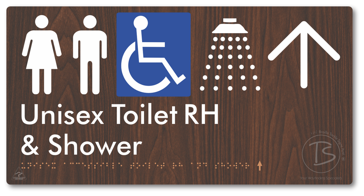 Unisex Accessible Toilet RH & Shower with Large Directional Arrow - Braille Tactile Signs Aust.