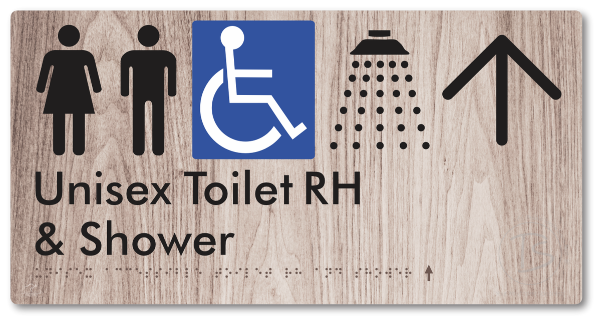 Unisex Accessible Toilet RH & Shower with Large Directional Arrow - Braille Tactile Signs Aust.