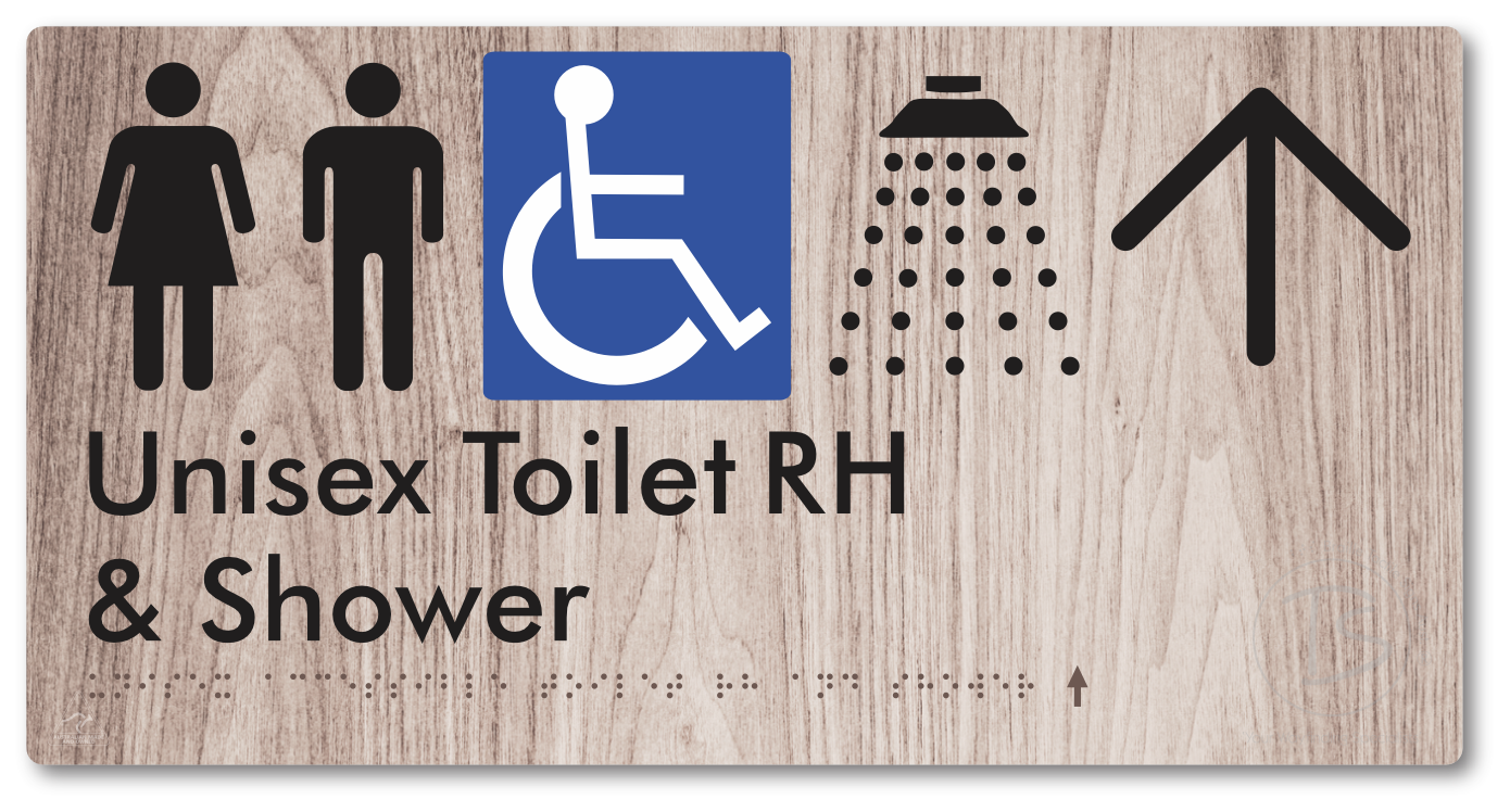 Unisex Accessible Toilet RH & Shower with Large Directional Arrow - Braille Tactile Signs Aust.