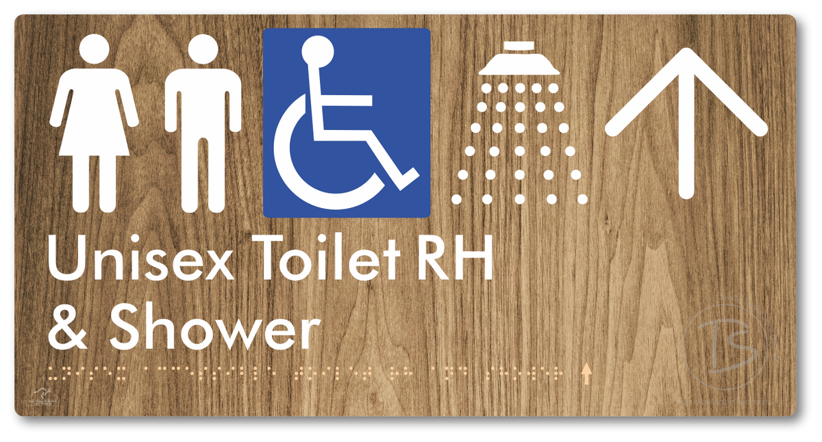 Unisex Accessible Toilet RH & Shower with Large Directional Arrow - Braille Tactile Signs Aust.