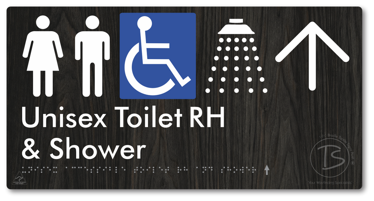 Unisex Accessible Toilet RH & Shower with Large Directional Arrow - Braille Tactile Signs Aust.