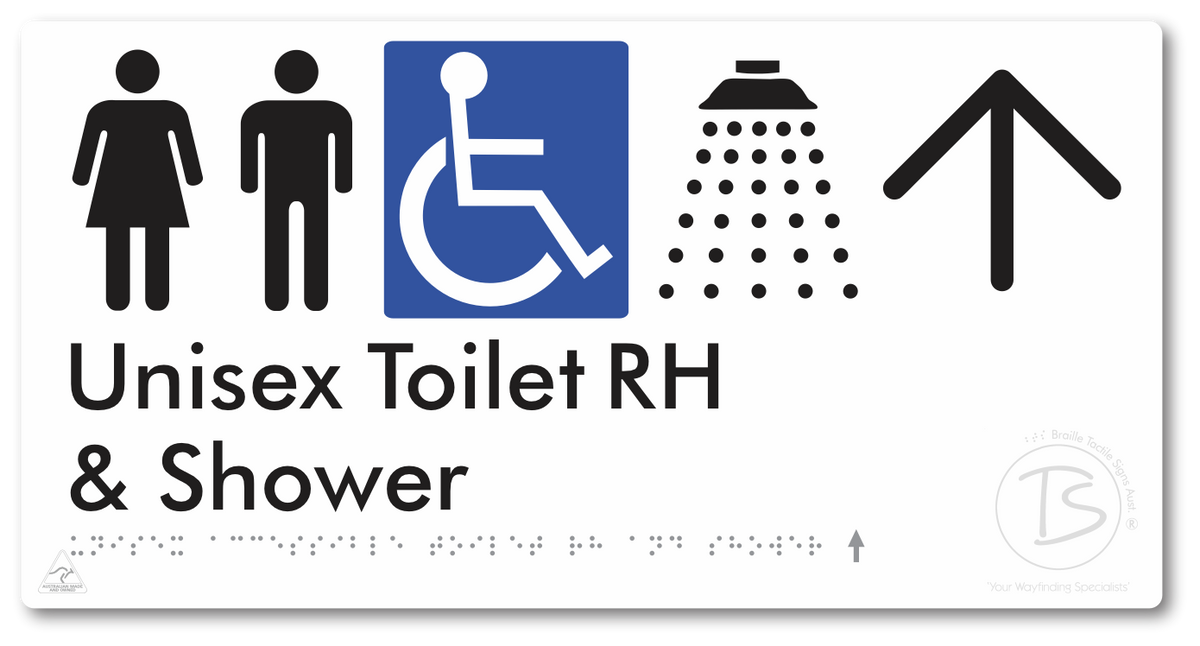 Unisex Accessible Toilet RH & Shower with Large Directional Arrow - Braille Tactile Signs Aust.
