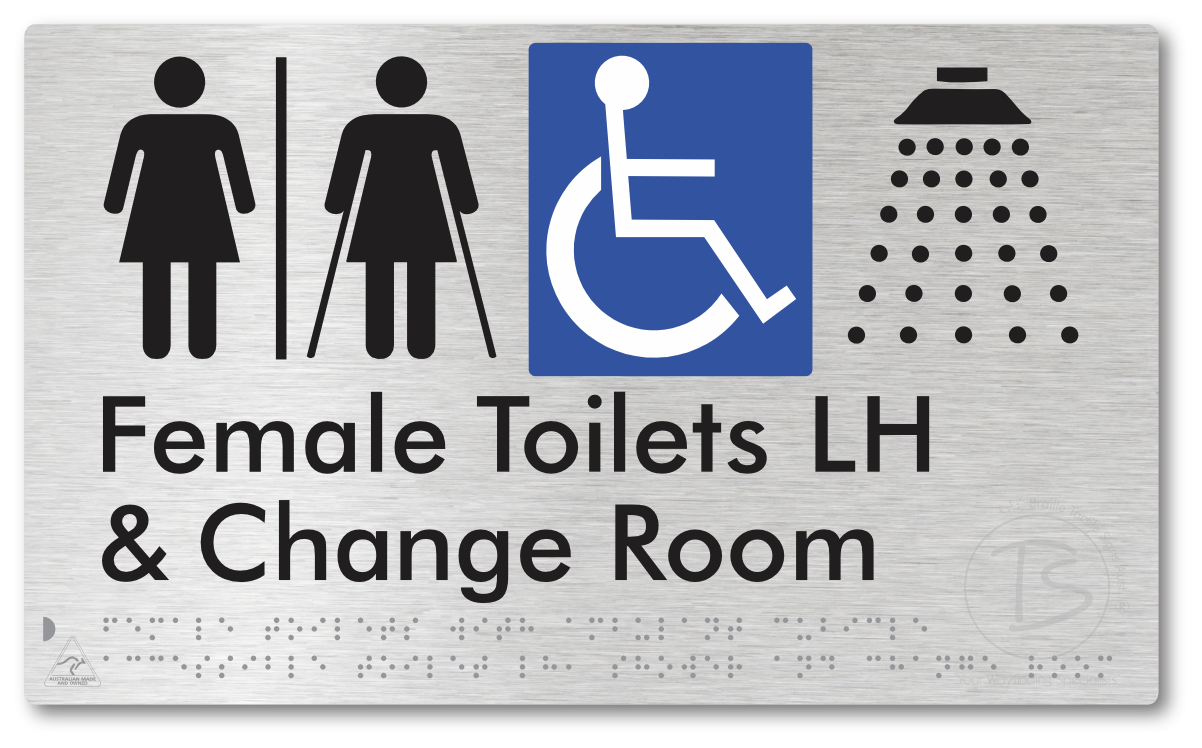 Female Toilets with Ambulant Cubicle Accessible Toilet LH, Shower and Change Room with Air Lock - Braille Tactile Signs Aust.