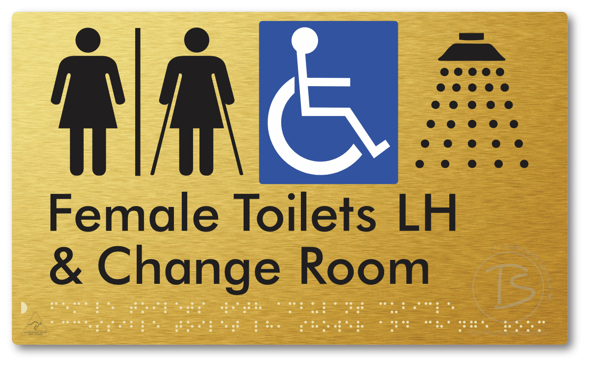 Female Toilets with Ambulant Cubicle Accessible Toilet LH, Shower and Change Room with Air Lock - Braille Tactile Signs Aust.