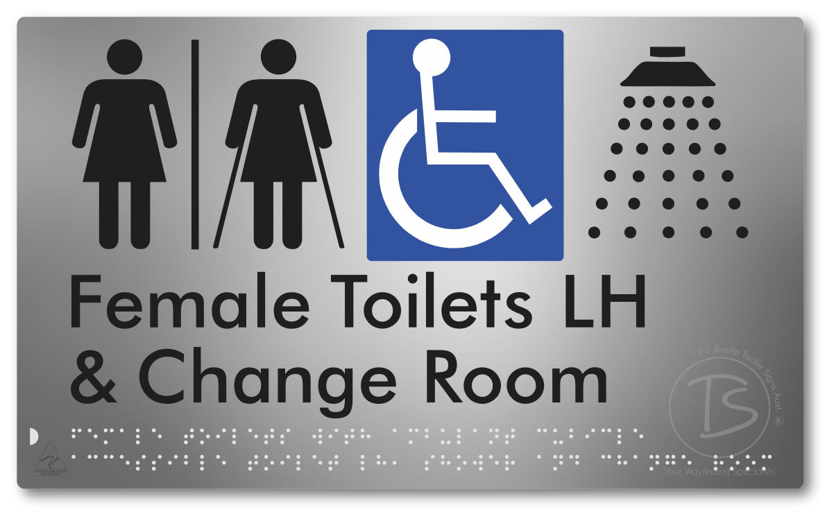 Female Toilets with Ambulant Cubicle Accessible Toilet LH, Shower and Change Room with Air Lock - Braille Tactile Signs Aust.
