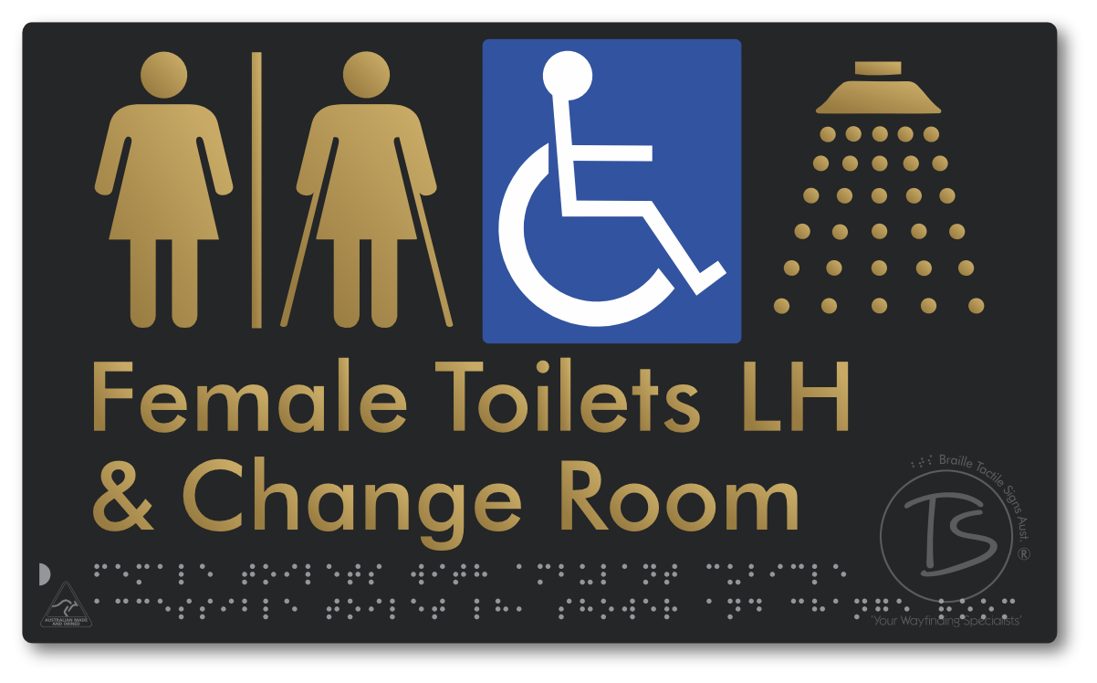 Female Toilets with Ambulant Cubicle Accessible Toilet LH, Shower and Change Room with Air Lock - Braille Tactile Signs Aust.