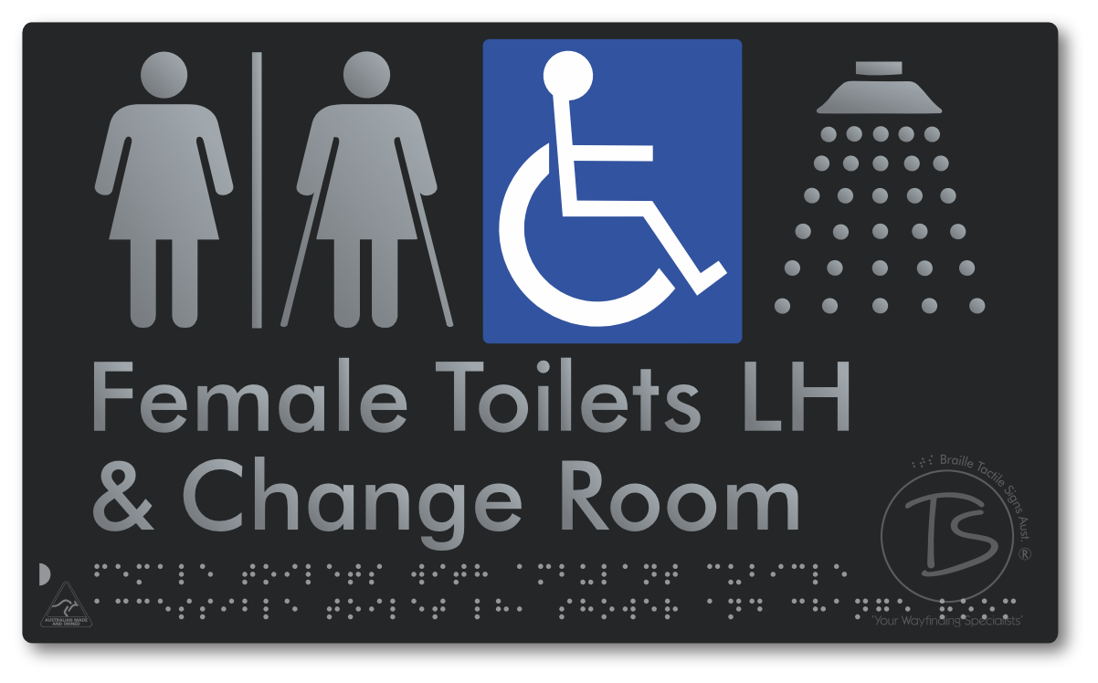 Female Toilets with Ambulant Cubicle Accessible Toilet LH, Shower and Change Room with Air Lock - Braille Tactile Signs Aust.