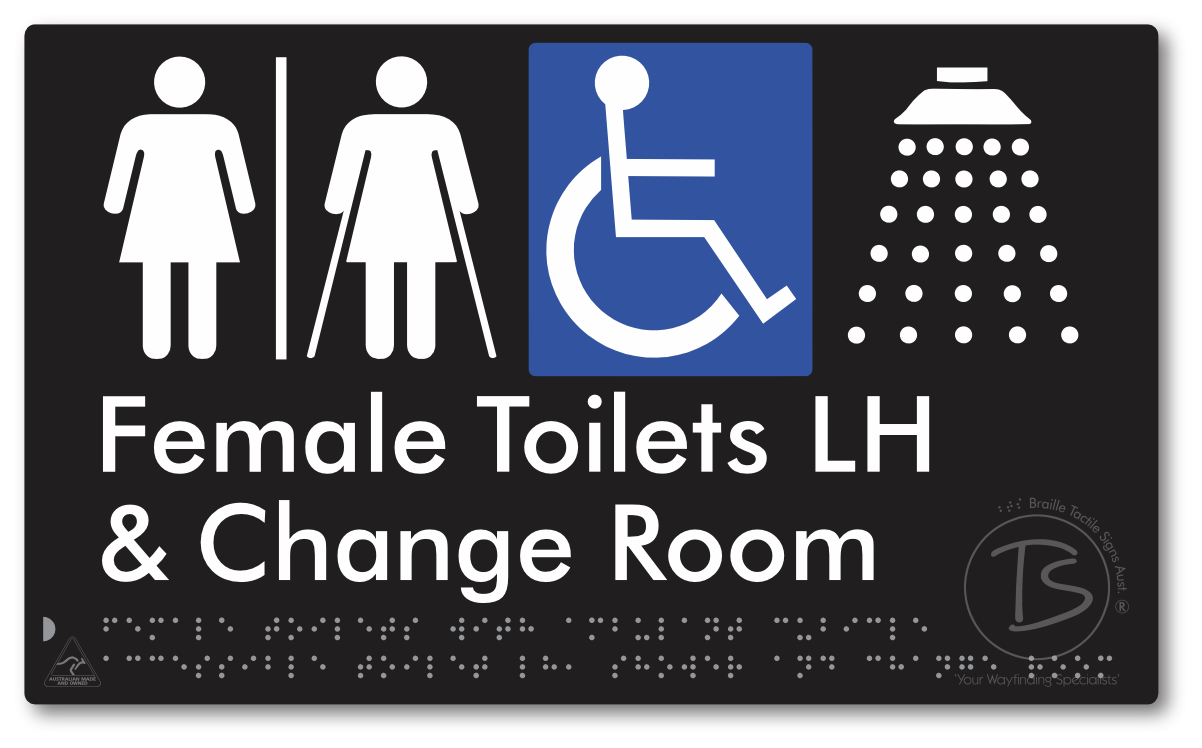 Female Toilets with Ambulant Cubicle Accessible Toilet LH, Shower and Change Room with Air Lock - Braille Tactile Signs Aust.