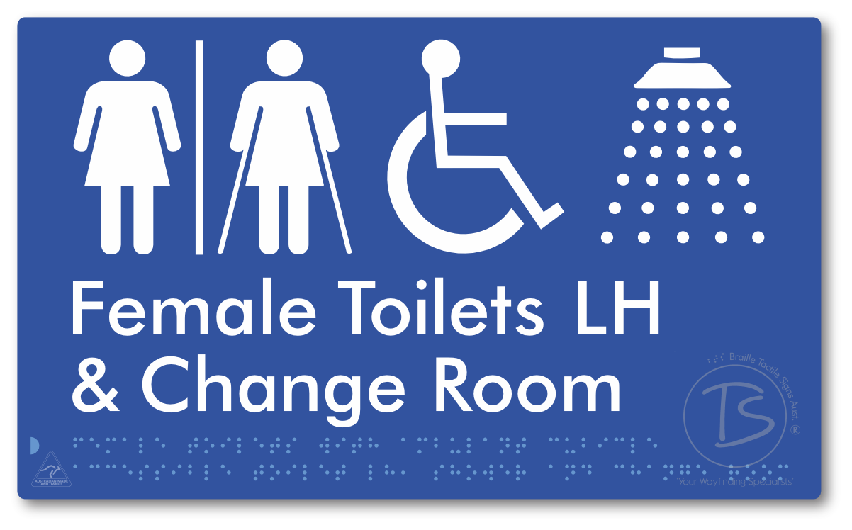 Female Toilets with Ambulant Cubicle Accessible Toilet LH, Shower and Change Room with Air Lock - Braille Tactile Signs Aust.