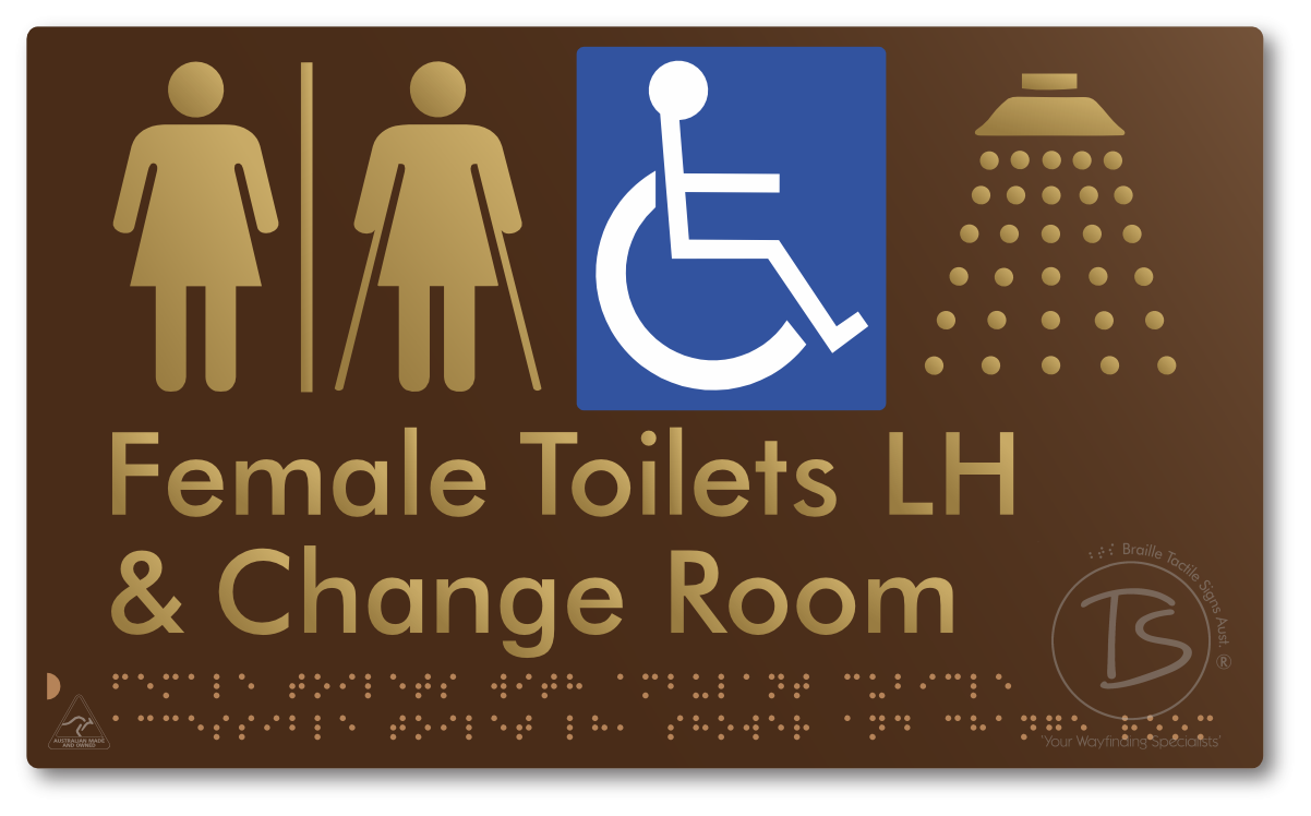 Female Toilets with Ambulant Cubicle Accessible Toilet LH, Shower and Change Room with Air Lock - Braille Tactile Signs Aust.