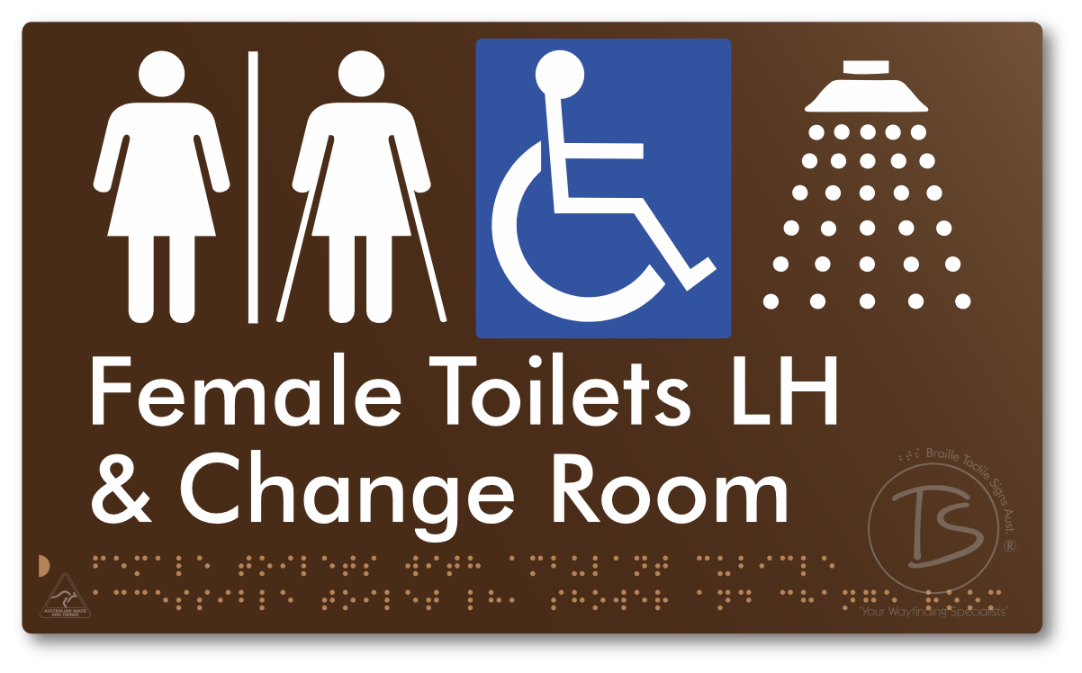 Female Toilets with Ambulant Cubicle Accessible Toilet LH, Shower and Change Room with Air Lock - Braille Tactile Signs Aust.