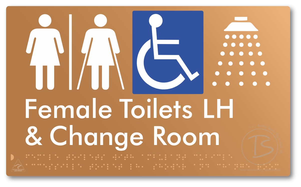 Female Toilets with Ambulant Cubicle Accessible Toilet LH, Shower and Change Room with Air Lock - Braille Tactile Signs Aust.