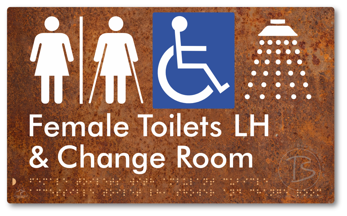 Female Toilets with Ambulant Cubicle Accessible Toilet LH, Shower and Change Room with Air Lock - Braille Tactile Signs Aust.