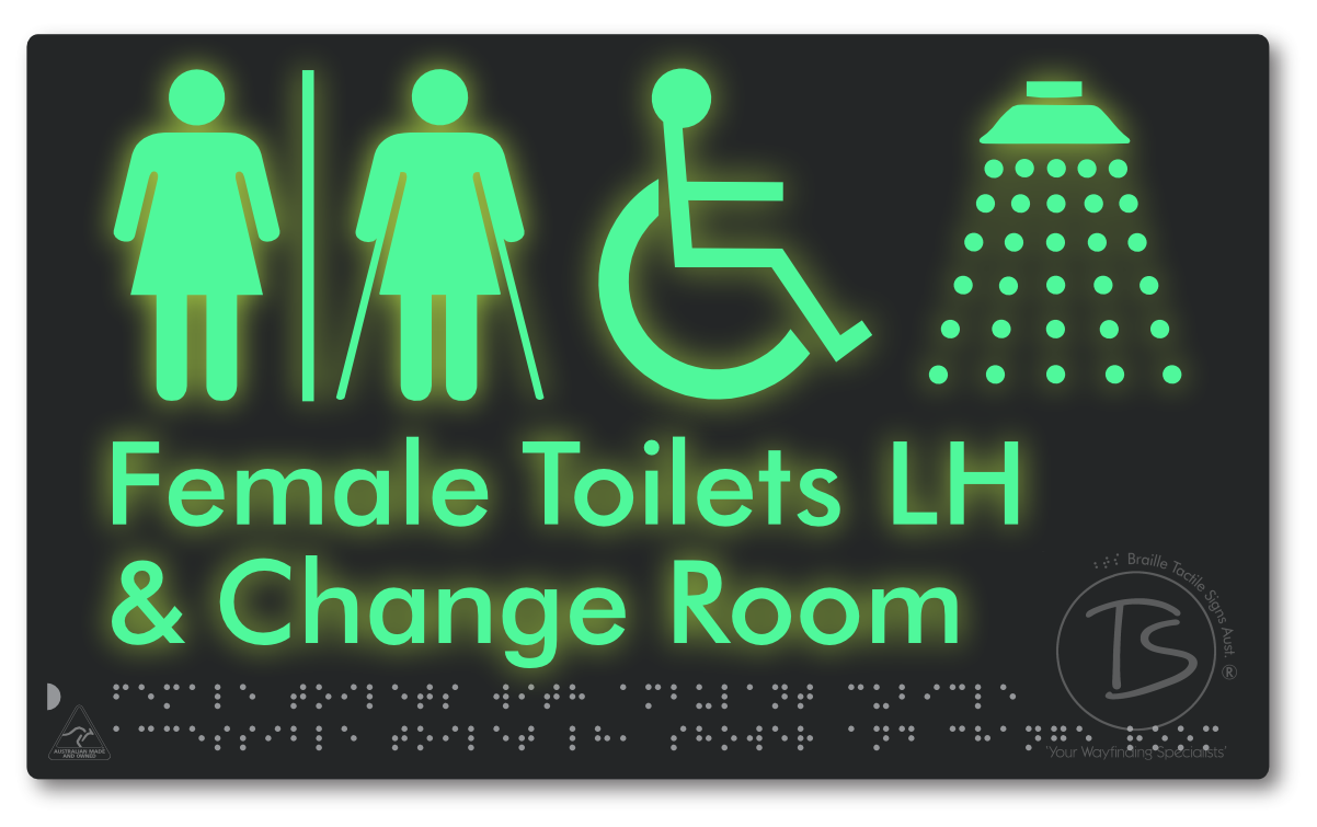 Female Toilets with Ambulant Cubicle Accessible Toilet LH, Shower and Change Room with Air Lock - Braille Tactile Signs Aust.