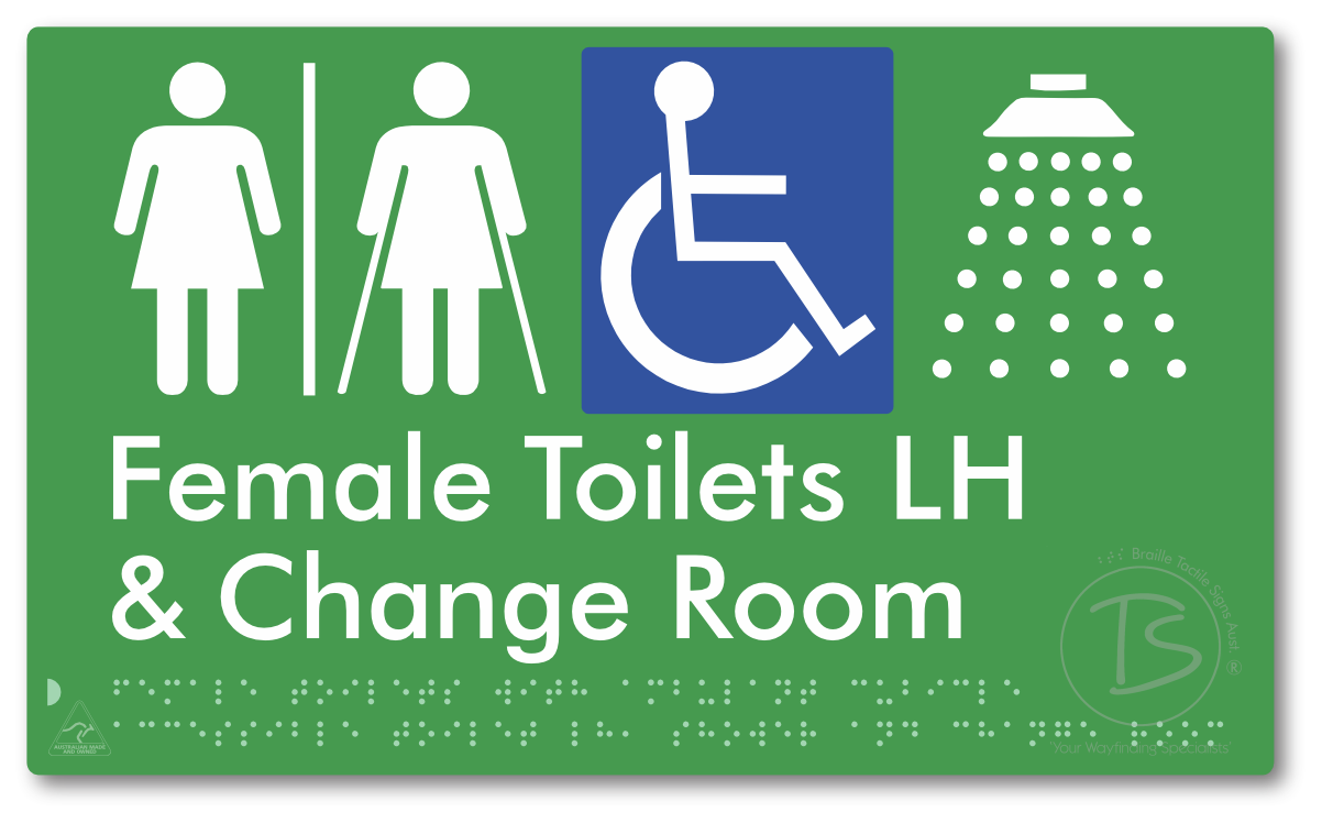 Female Toilets with Ambulant Cubicle Accessible Toilet LH, Shower and Change Room with Air Lock - Braille Tactile Signs Aust.