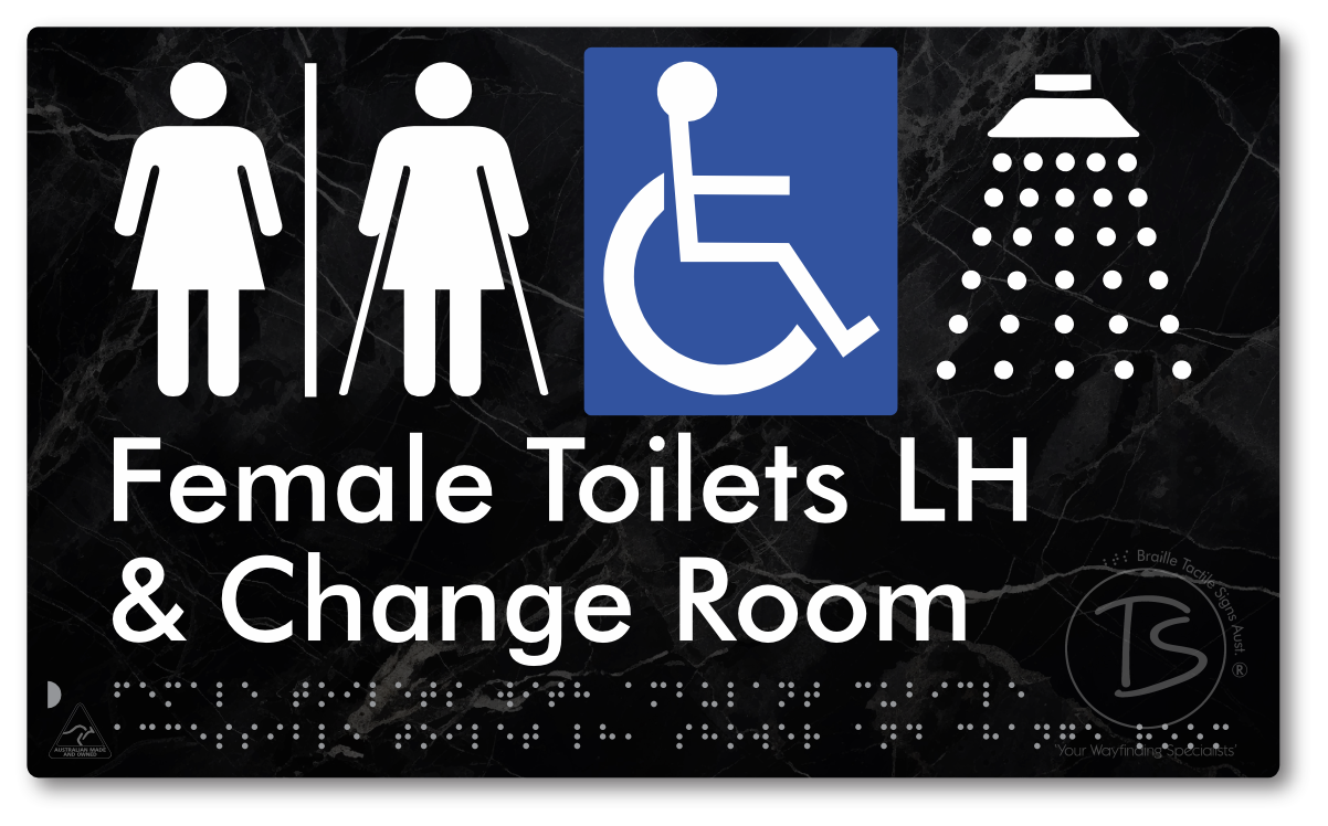 Female Toilets with Ambulant Cubicle Accessible Toilet LH, Shower and Change Room with Air Lock - Braille Tactile Signs Aust.