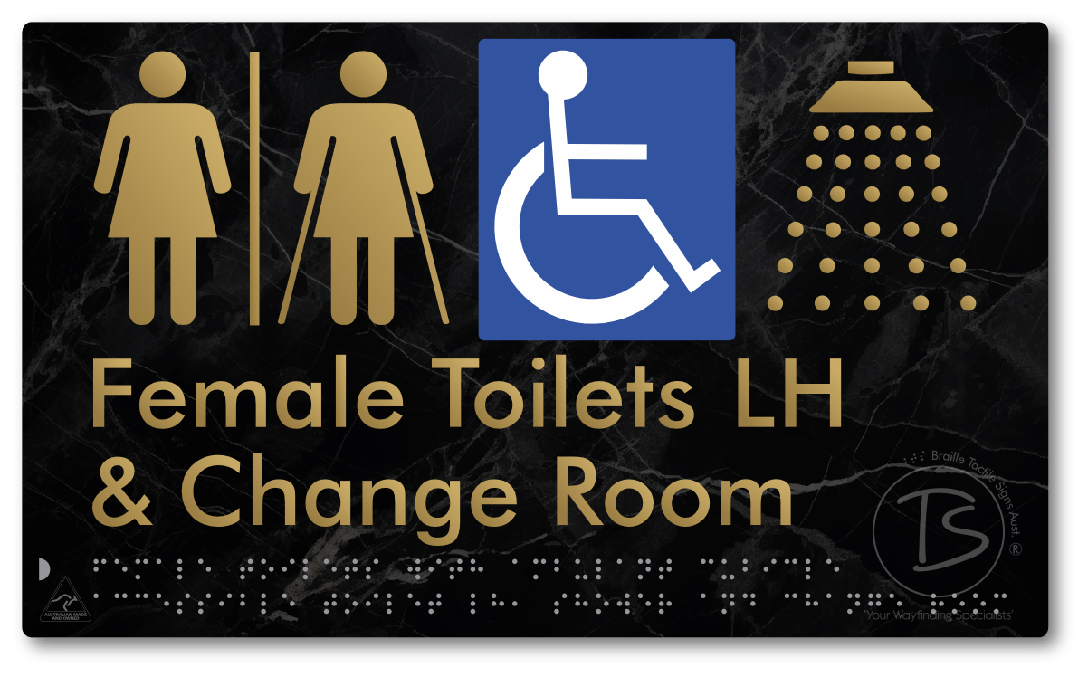 Female Toilets with Ambulant Cubicle Accessible Toilet LH, Shower and Change Room with Air Lock - Braille Tactile Signs Aust.