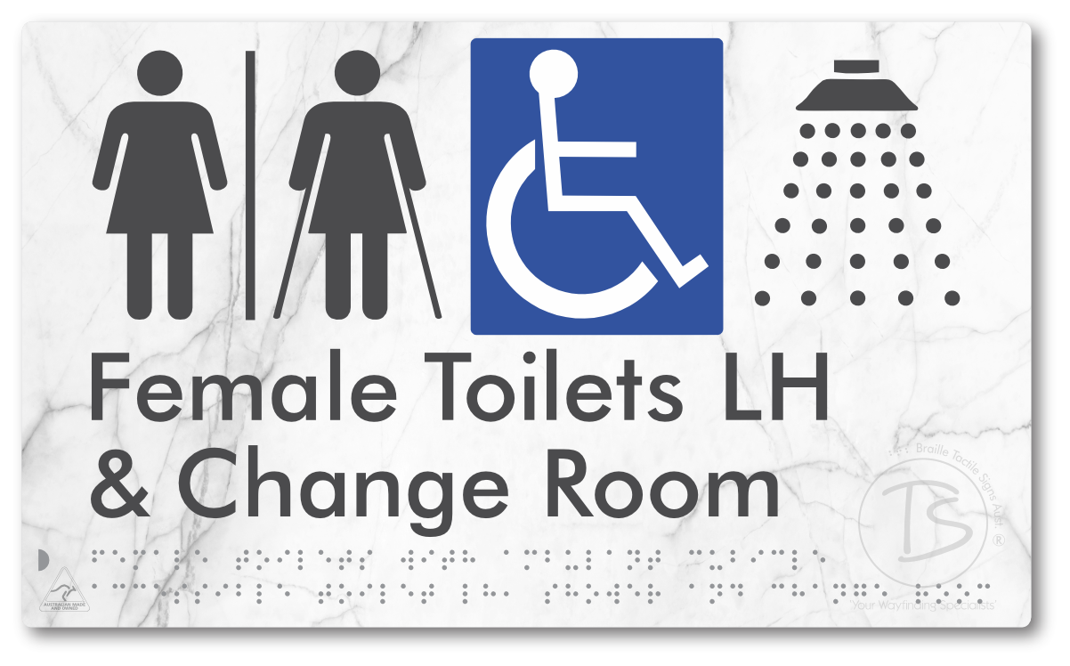 Female Toilets with Ambulant Cubicle Accessible Toilet LH, Shower and Change Room with Air Lock - Braille Tactile Signs Aust.
