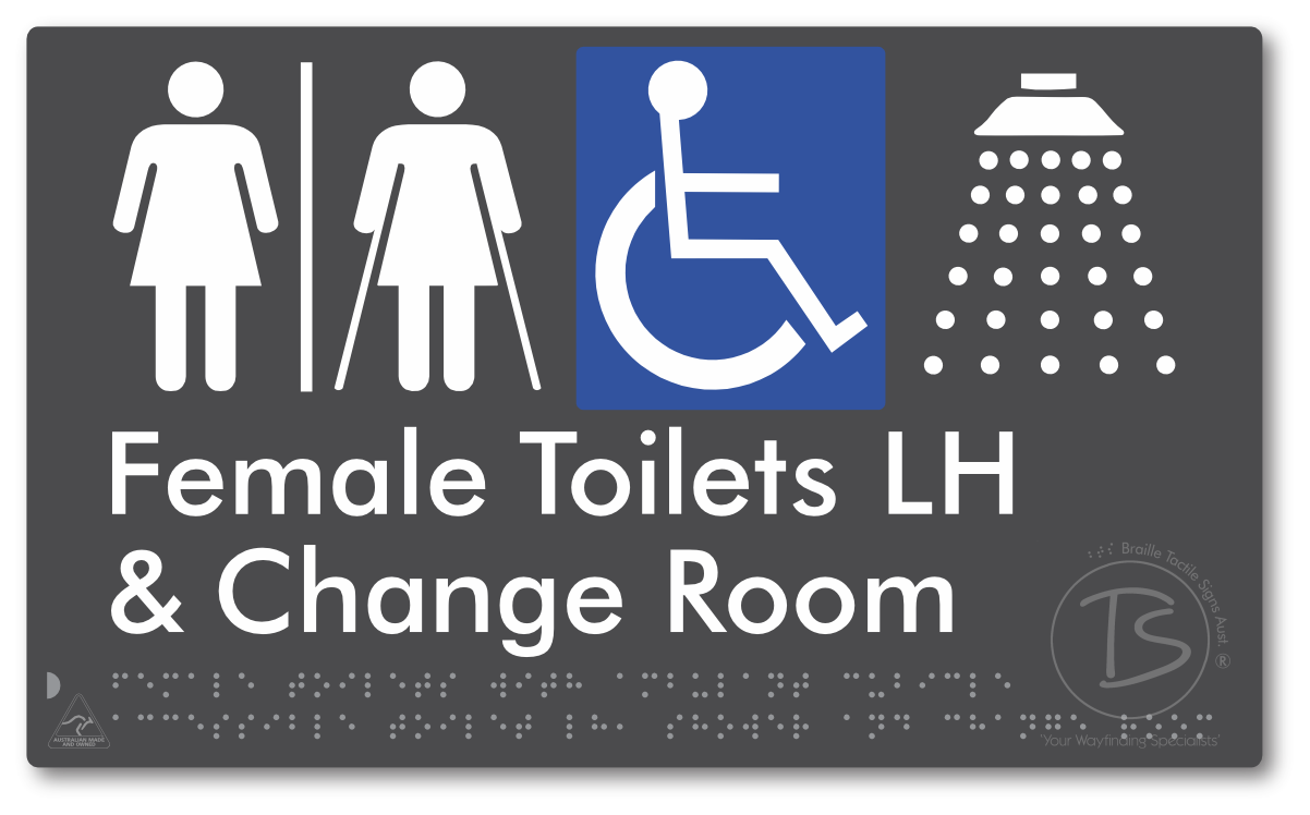 Female Toilets with Ambulant Cubicle Accessible Toilet LH, Shower and Change Room with Air Lock - Braille Tactile Signs Aust.