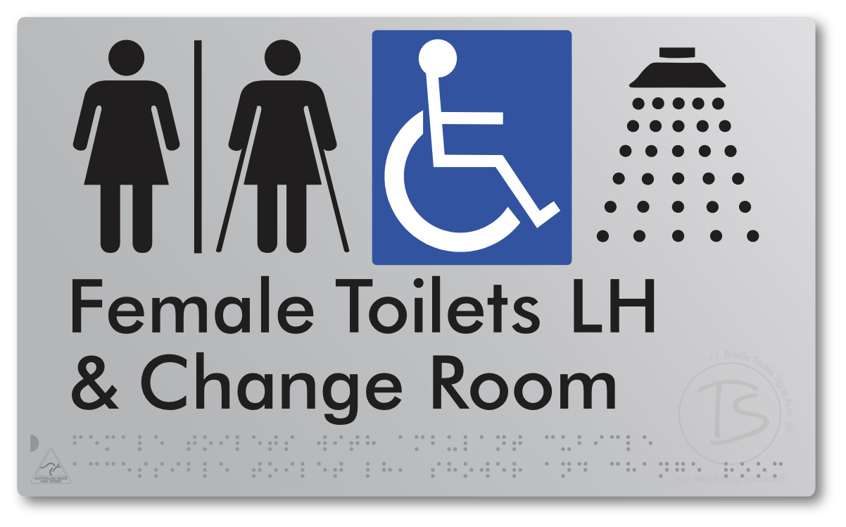 Female Toilets with Ambulant Cubicle Accessible Toilet LH, Shower and Change Room with Air Lock - Braille Tactile Signs Aust.