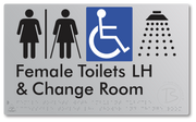 Female Toilets with Ambulant Cubicle Accessible Toilet LH, Shower and Change Room with Air Lock - Braille Tactile Signs Aust.