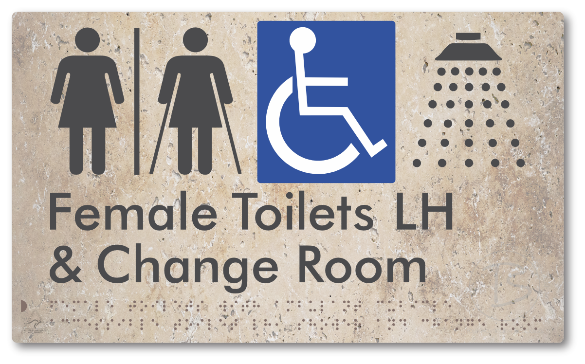 Female Toilets with Ambulant Cubicle Accessible Toilet LH, Shower and Change Room with Air Lock - Braille Tactile Signs Aust.